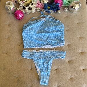 Blue Gingham Ruffle Two-Piece Tankini Set